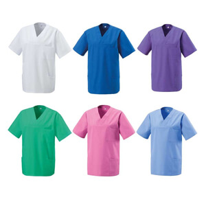 Unicolored scrubs in white, royal blue, purple, green, pink and light blue